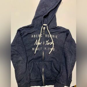 Abercrombie & Fitch Letter Blue Zip-Up Hoodie with Adjustable Hood and Pockets